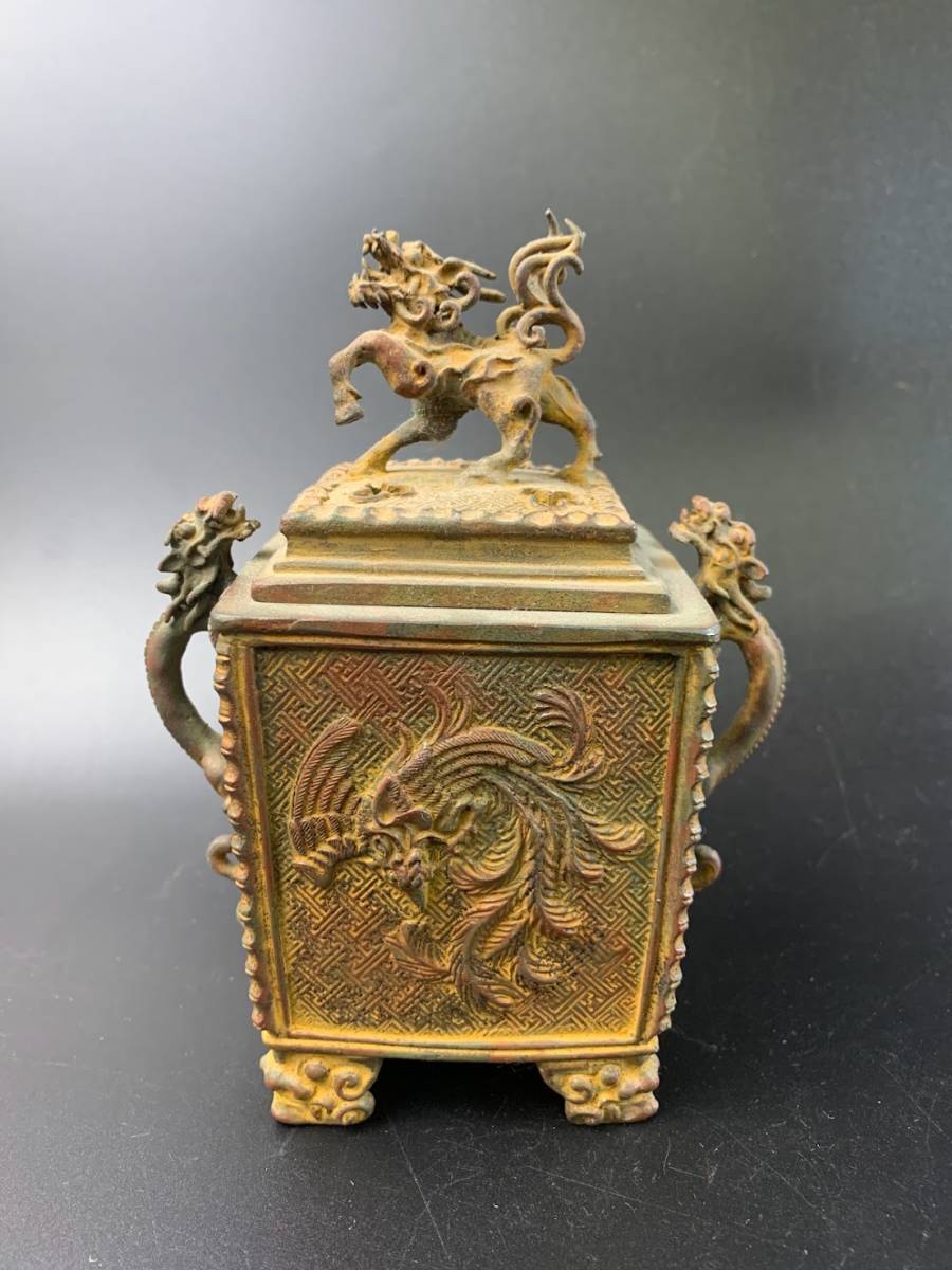 結】銅製銅香炉金工米田秀保作在銘龍耳獅子摘四角高岡銅器香道具茶道具
