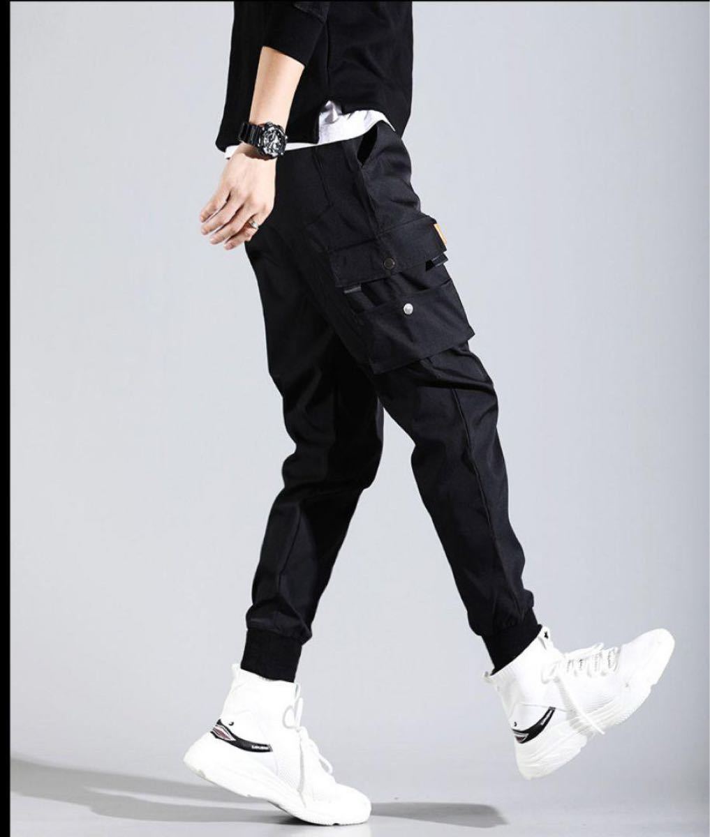 PayPayフリマ｜カーゴパンツ L メンズ 黒 細身 ストリート カジュアル 韓国 ジョガー メンズパンツ メンズカーゴパンツ