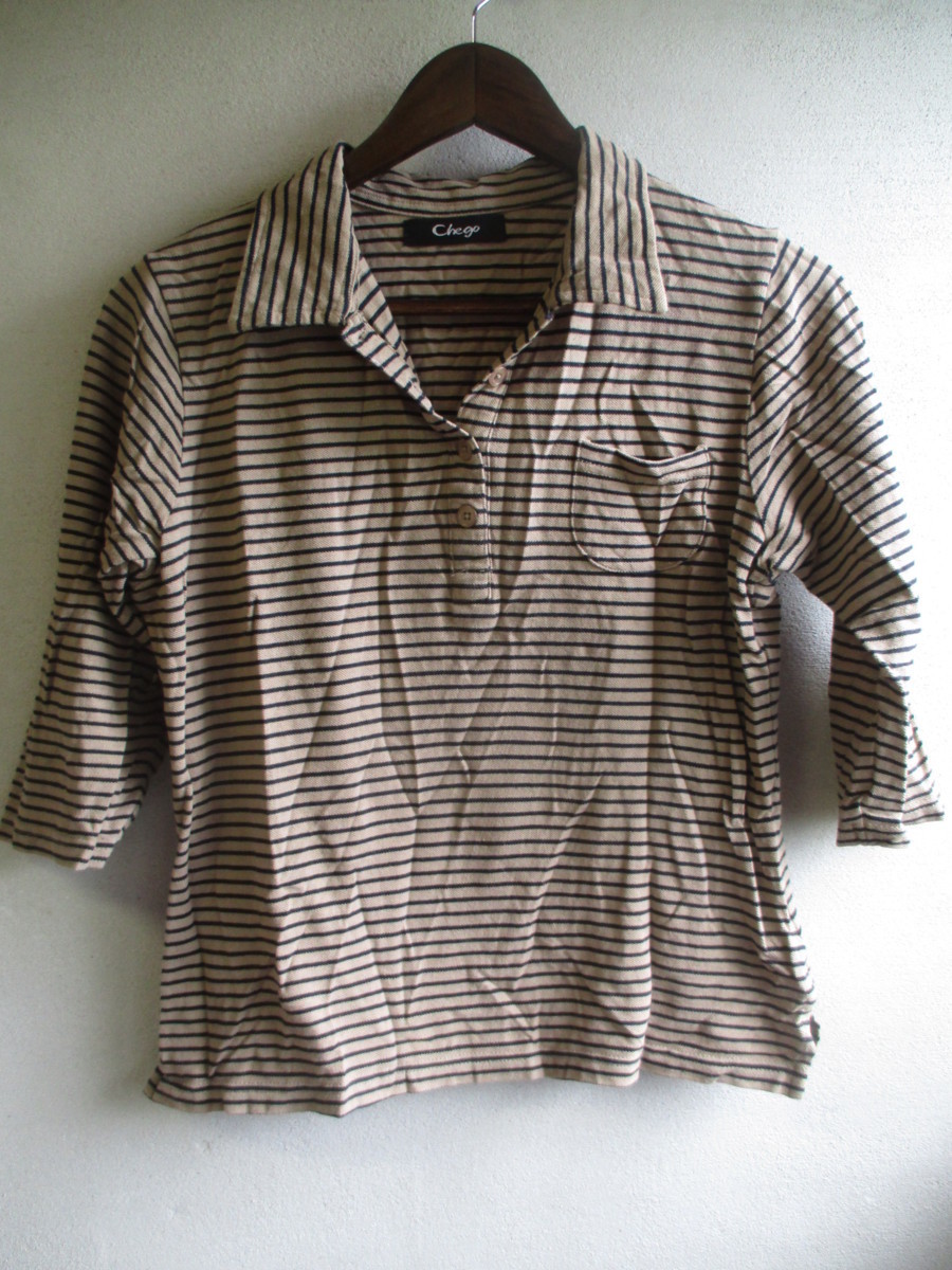 [Chego] рубашка-поло женский размер :L цвет : бежевый длина :57 ширина :43 ширина плеча :37/LAY