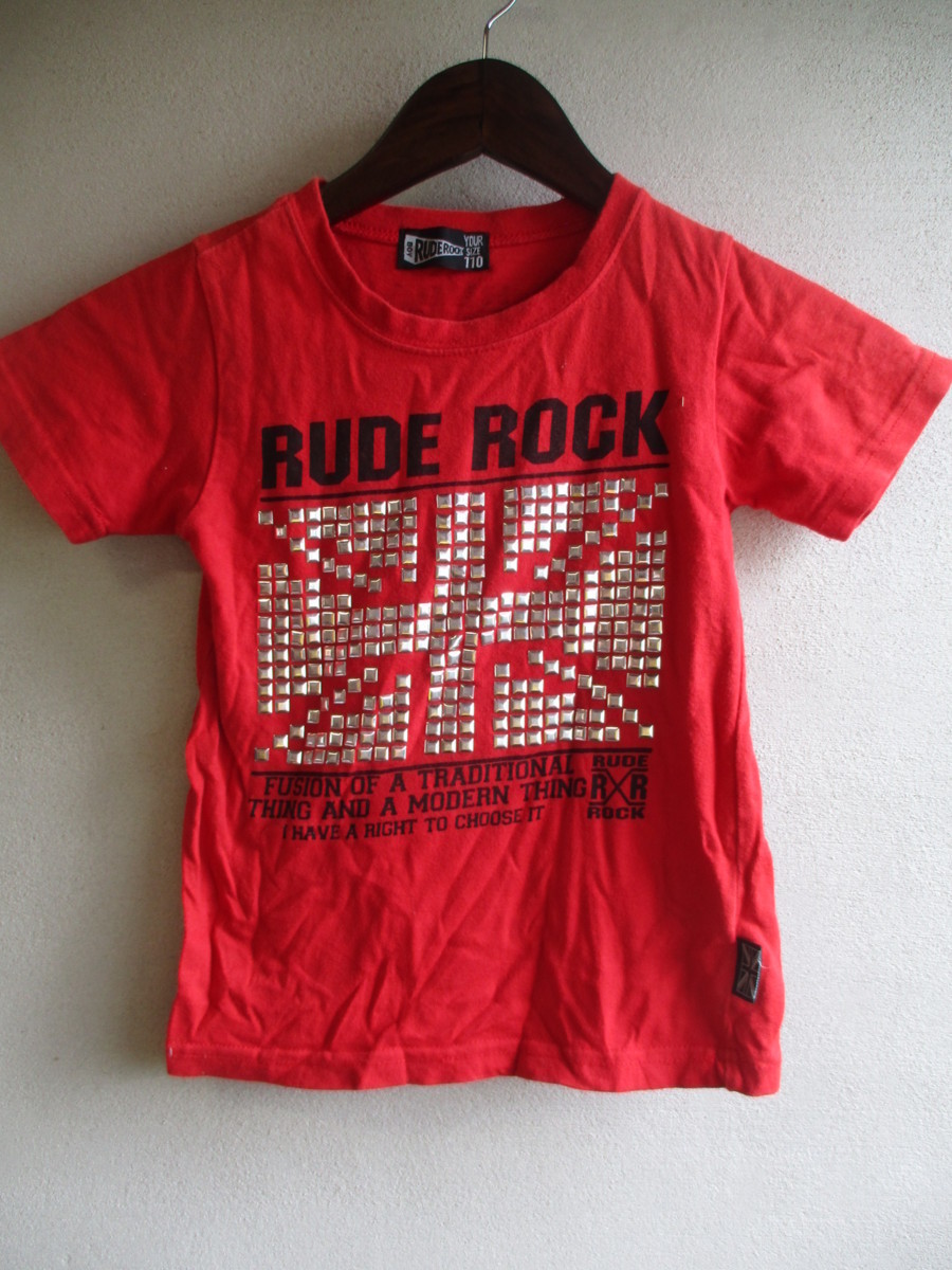 【RUDE ROCK】 Tシャツ キッズ サイズ:110 色:レッド 身丈:42 身幅:29 肩幅:26/BAA_画像1