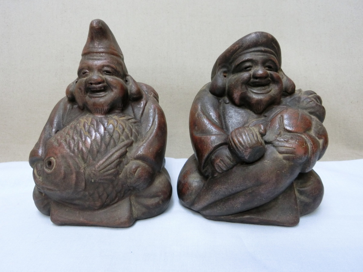 鑑賞置物!【 恵比寿大黒組 備前焼 陶磁器 縁起物 】◇布袋様 花台