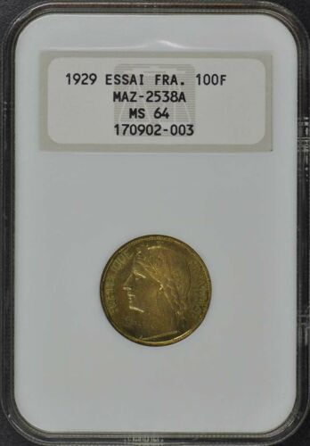 古銭 フランス 銀貨 希少 コイン1929年 エセー 100F Maz 2538A NGC MS64