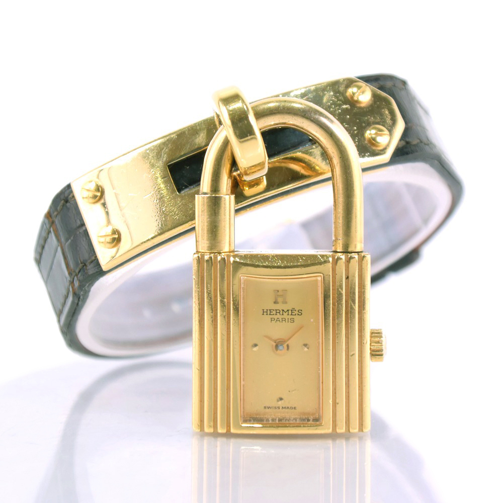 Hermes Hermes Kelly Watch 〇S Watch Croco x Gold Talting Black Quartz Gold Dial [11193001] Используется