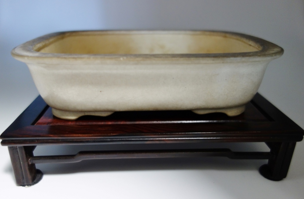 【宮崎一石】白釉長方盆栽鉢【逸品】