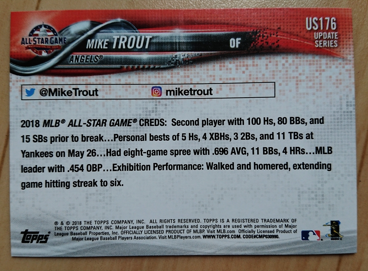 ★MIKE TROUT TOPPS 2018 UPDATE #US176 MLB メジャーリーグ マイク トラウト LOS ANGELES ANGELS エンゼルス エンジェルス ALL-STAR GAME_画像2