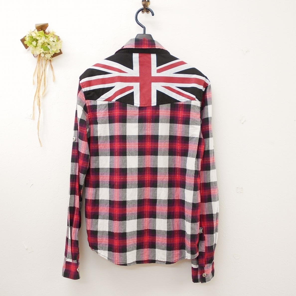  Ba-Tsu Studio BA-TSU STUDIO Kids Junior man 160cm long sleeve shirt red black white check Skull . sleeve roll up tops 