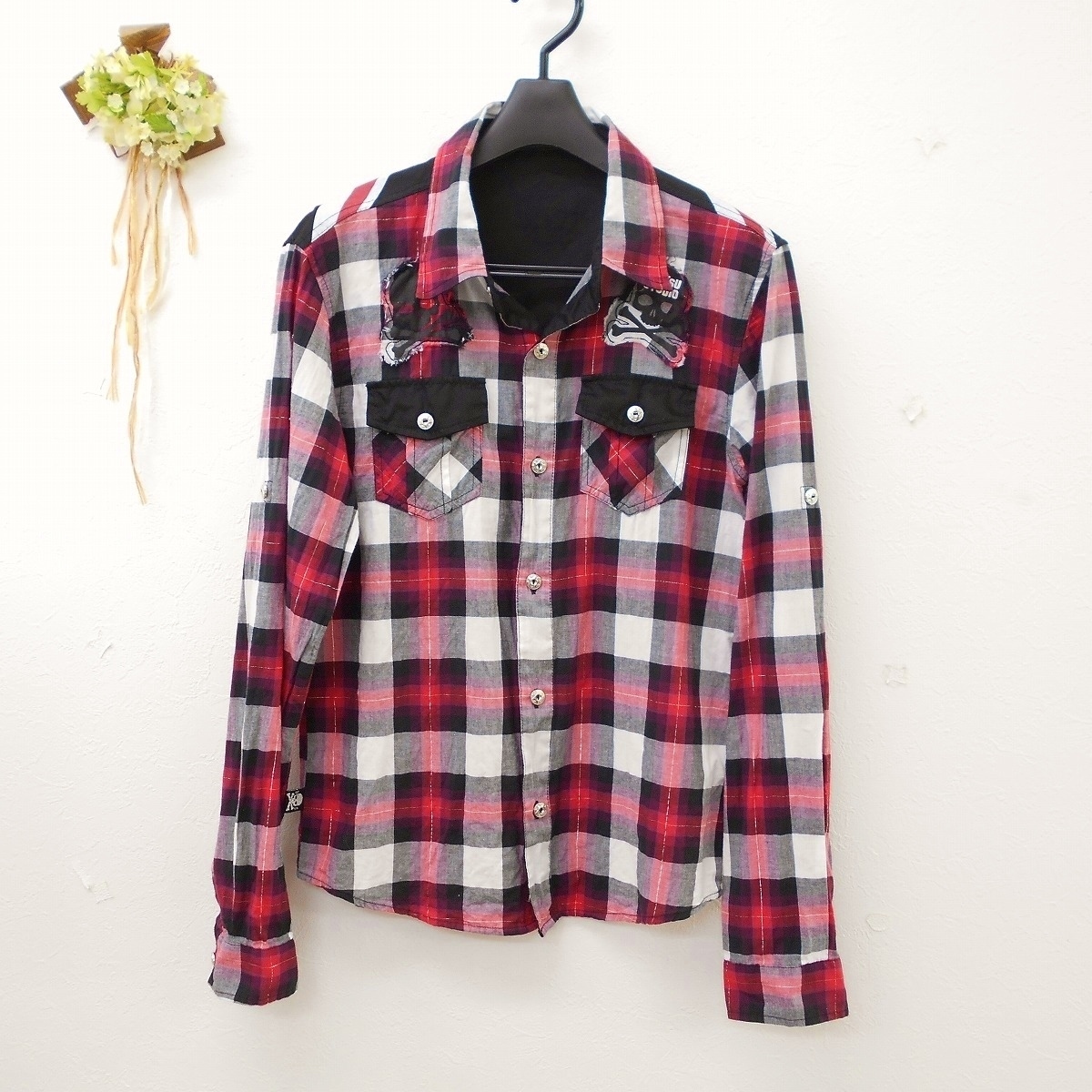  Ba-Tsu Studio BA-TSU STUDIO Kids Junior man 160cm long sleeve shirt red black white check Skull . sleeve roll up tops 