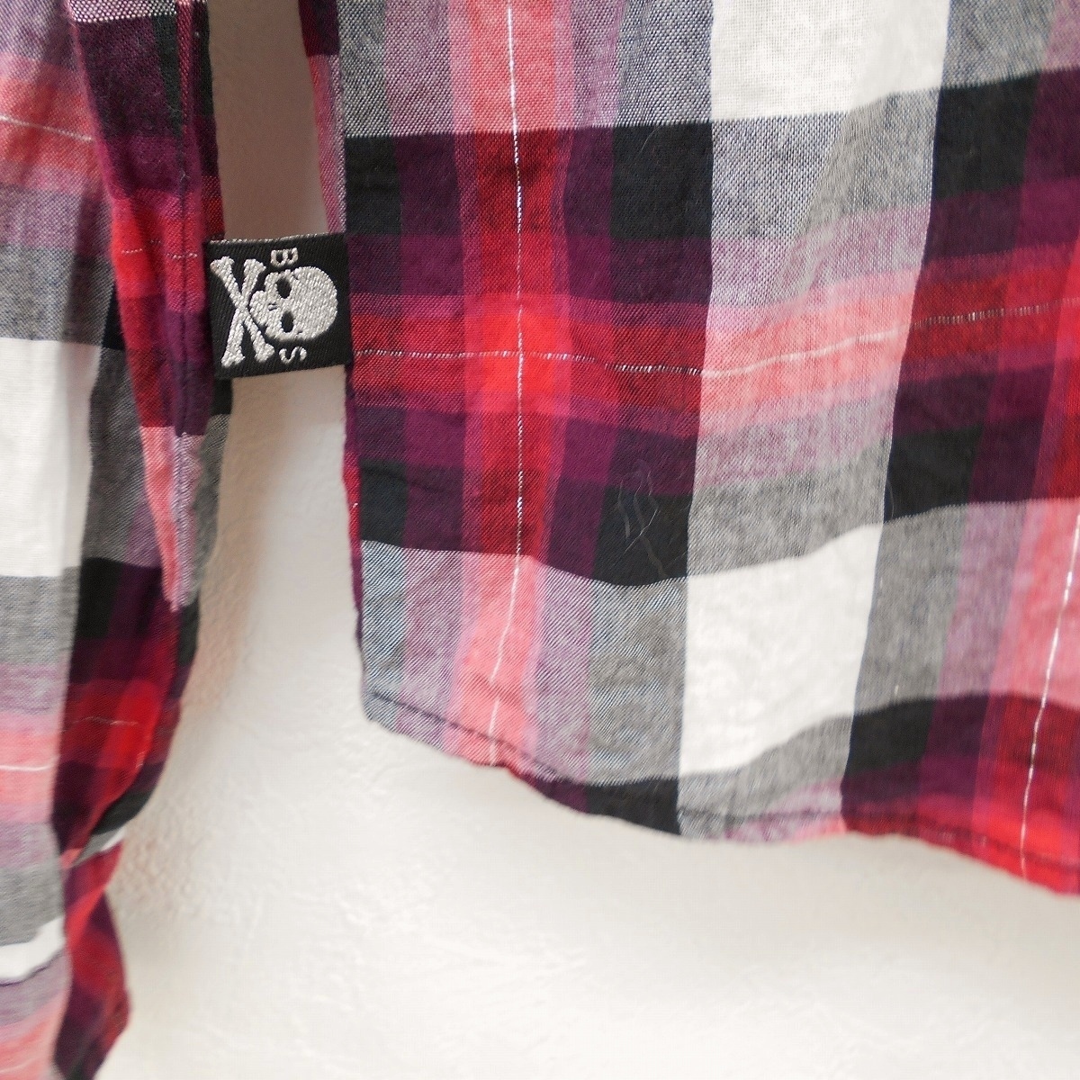  Ba-Tsu Studio BA-TSU STUDIO Kids Junior man 160cm long sleeve shirt red black white check Skull . sleeve roll up tops 