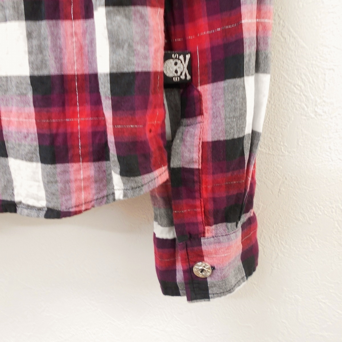  Ba-Tsu Studio BA-TSU STUDIO Kids Junior man 160cm long sleeve shirt red black white check Skull . sleeve roll up tops 