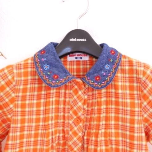  Miki House MIKIHOUSE 100cm Kids девочка блуза orange проверка . воротник Denim цветочный принт вышивка tops 