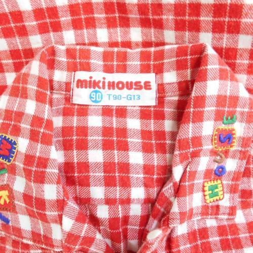 ミキハウス MIKIHOUSE 90cm 男の子 長袖 ネル シャツ 衿 ロゴ刺繍 赤 白 チェック トップス_画像5