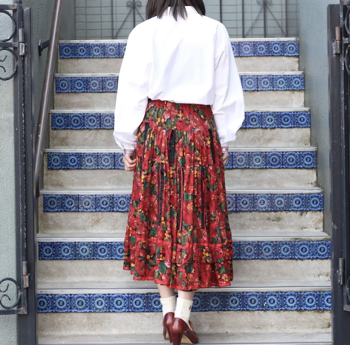 EU VINTAGE FLOWER PATTERNED FRILL DESIGN LONG SKIRT/ヨーロッパ古着花柄フリルロングスカート