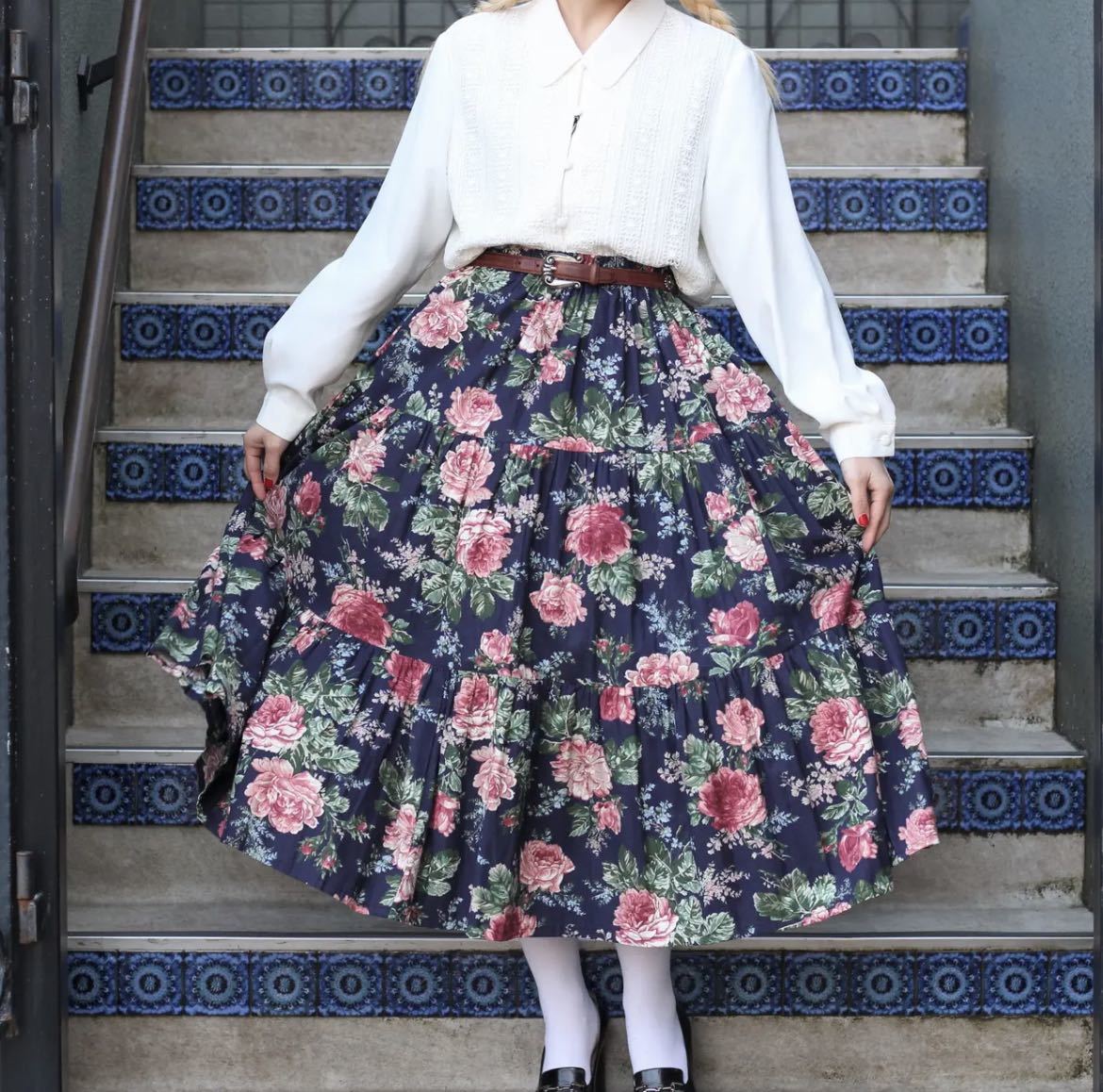 USA VINTAGE FLOWER PATTERNED FLAIR LONG SKIRT/アメリカ古着花柄