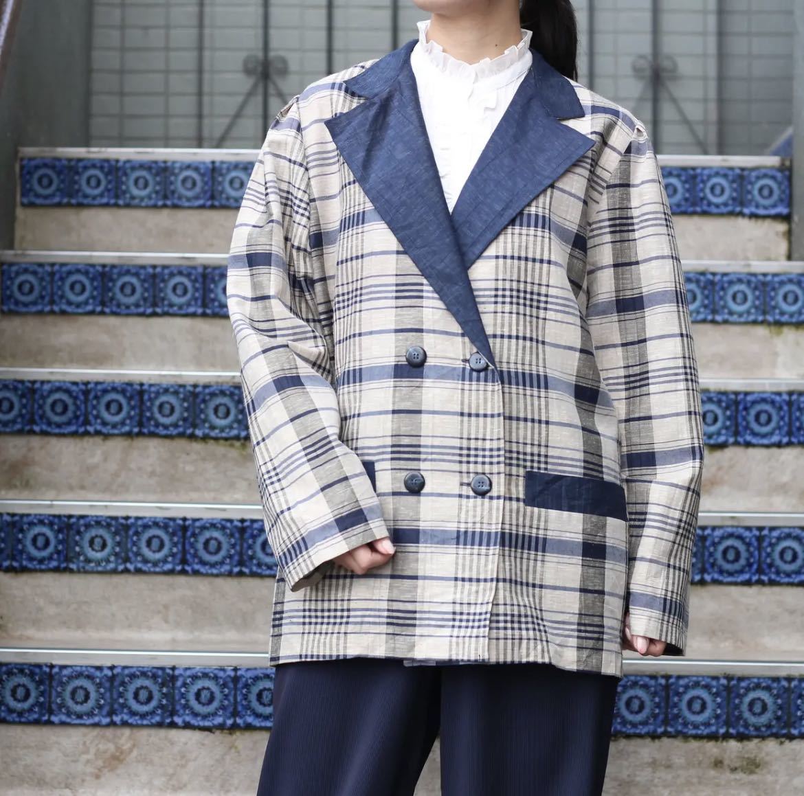 EU VINTAGE CHECK PATTERNED LINEN JACKET/ヨーロッパ古着チェック柄