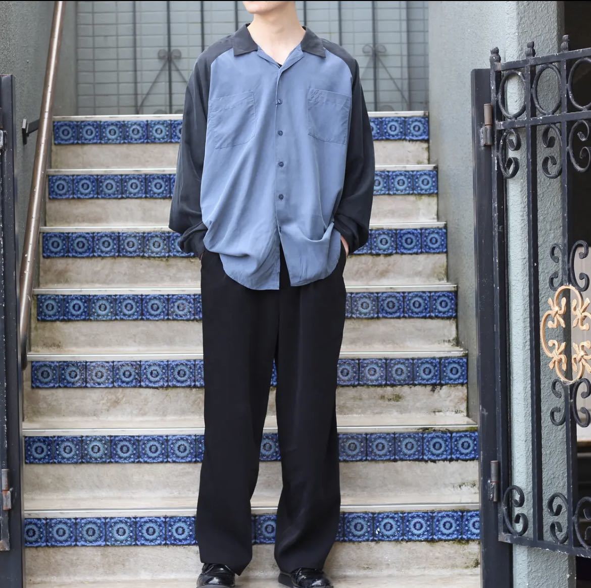 USA VINTAGE BICOLOR EMBROIDERY OPEN COLLAR SHIRT/アメリカ古着バイ