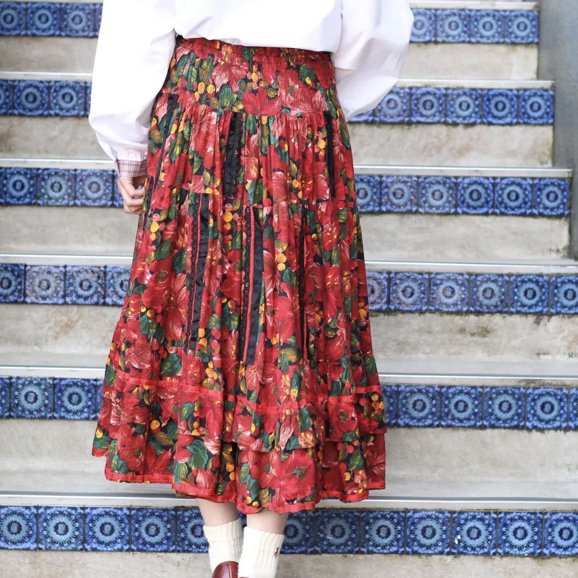 EU VINTAGE FLOWER PATTERNED FRILL DESIGN LONG SKIRT EU VINTAGE FLOWER PATTERNED FRILL DESIGN LONG SKIRT