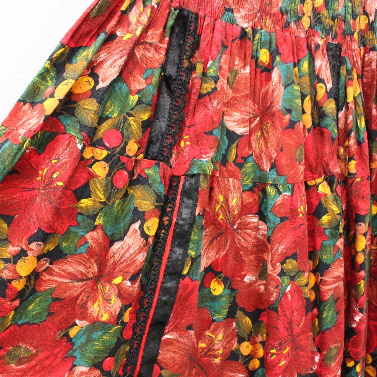 EU VINTAGE FLOWER PATTERNED FRILL DESIGN LONG SKIRT EU VINTAGE FLOWER PATTERNED FRILL DESIGN LONG SKIRT