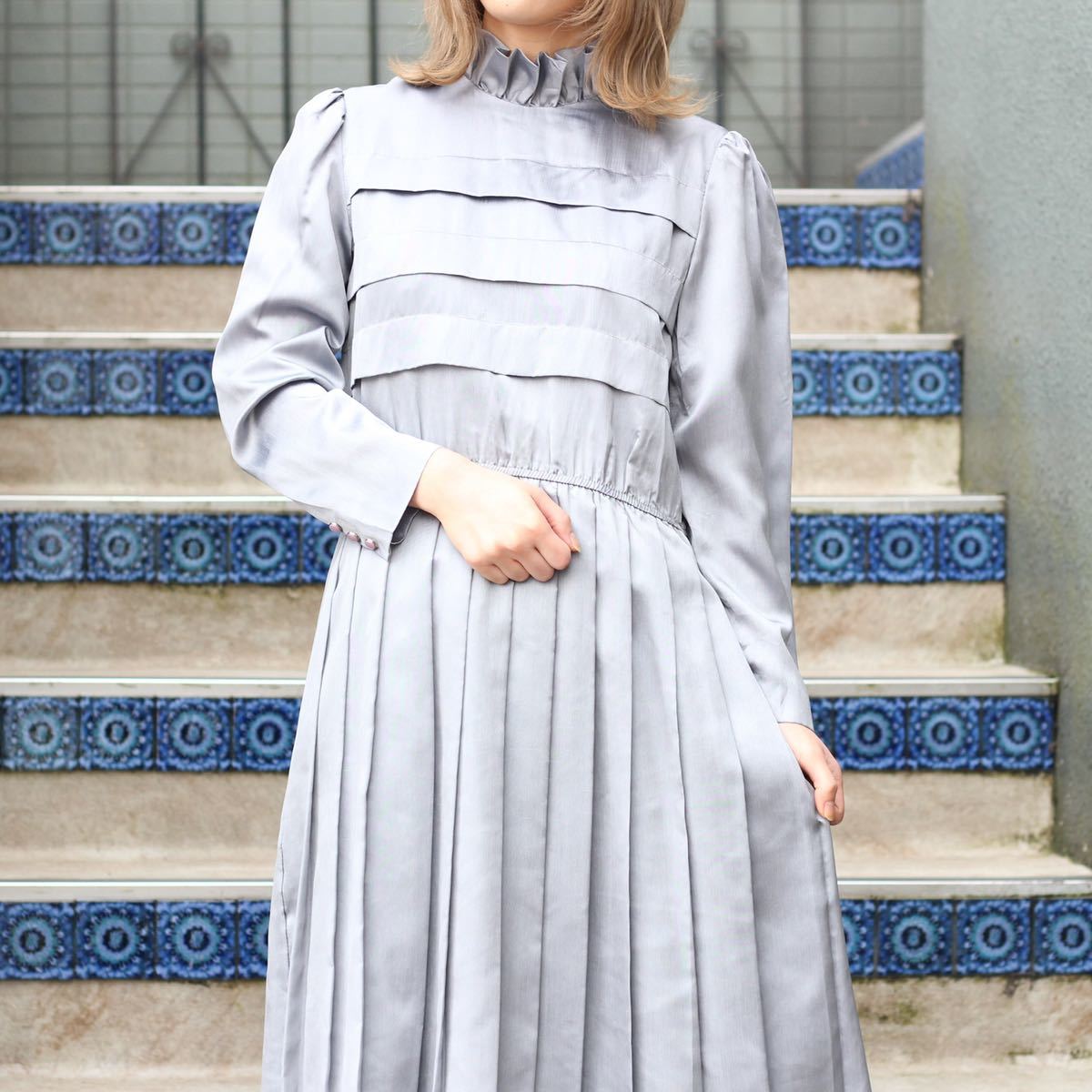 RETRO VINTAGE FRILL COLLAR LONG SLEEVE DRESS ONE PIECE/レトロ古着フリル襟長袖ドレスワンピース_画像2