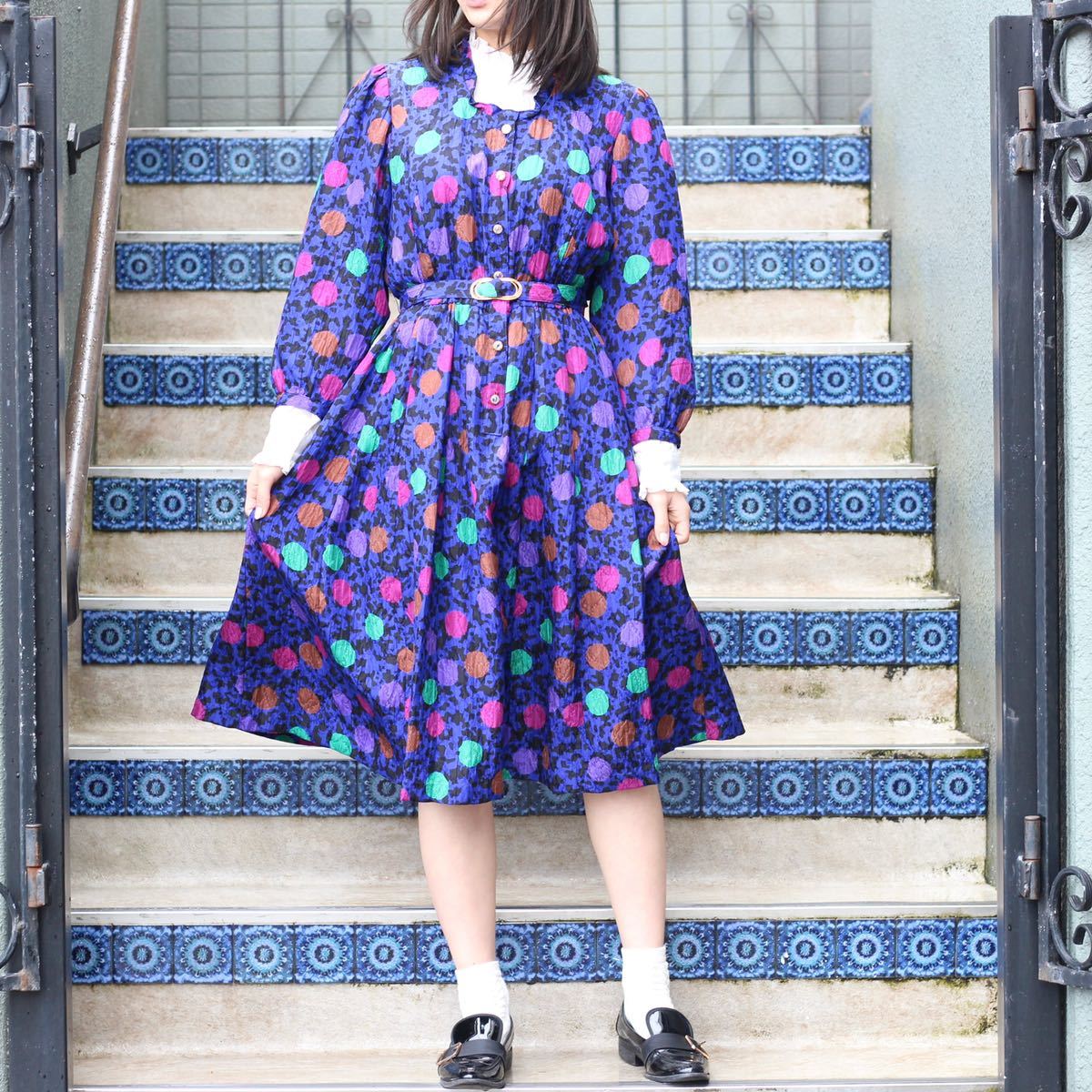 RETRO VINTAGE DOT PATTERNED BIJOUR BUTTON BELTED ONE PIECE/レトロ古着ドット柄ビジューボタンベルテッドワンピース