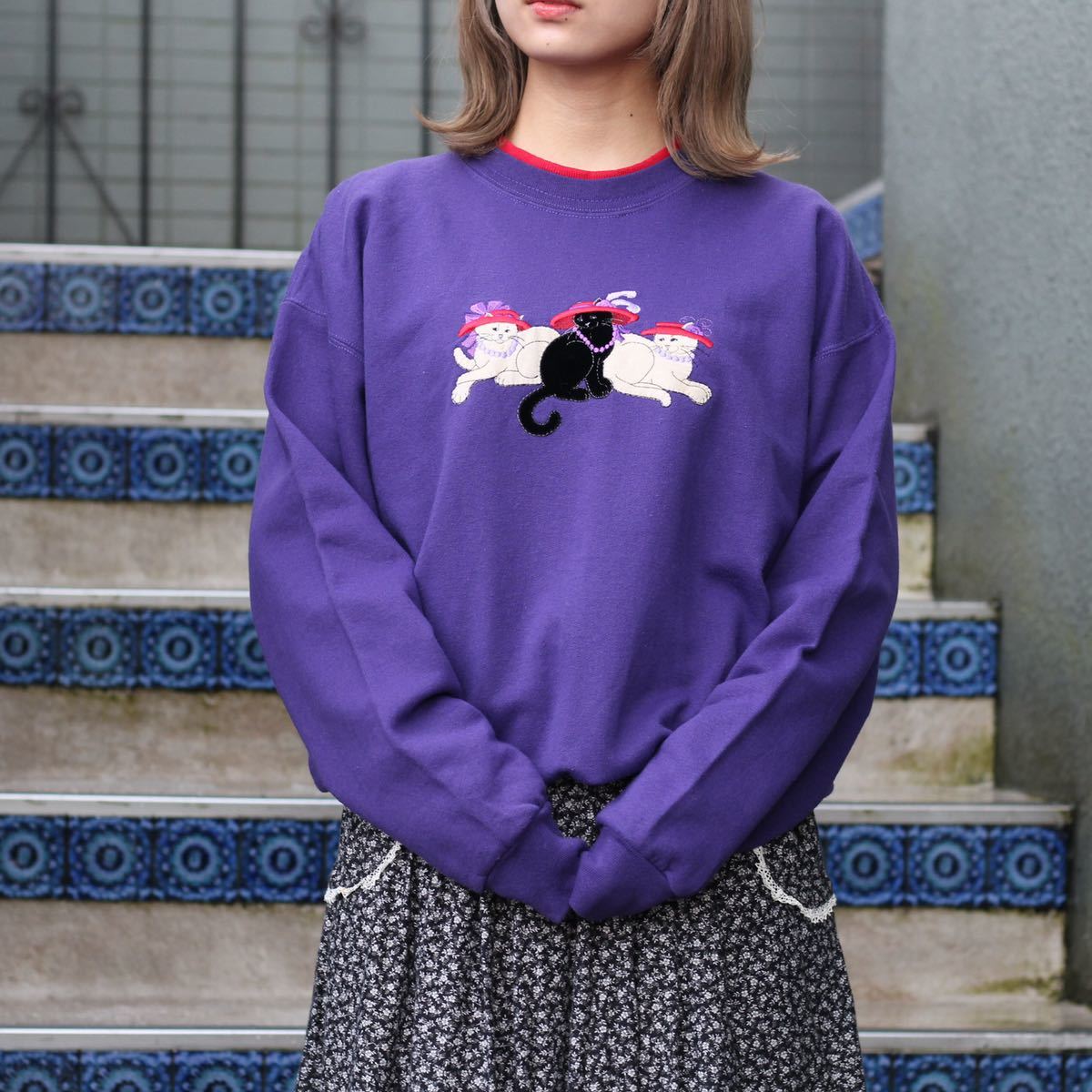 USA VINTAGE top stitch 3 CATS PRINT SWEAT SHIRT/アメリカ古着3匹のねこプリントスウェット_画像1