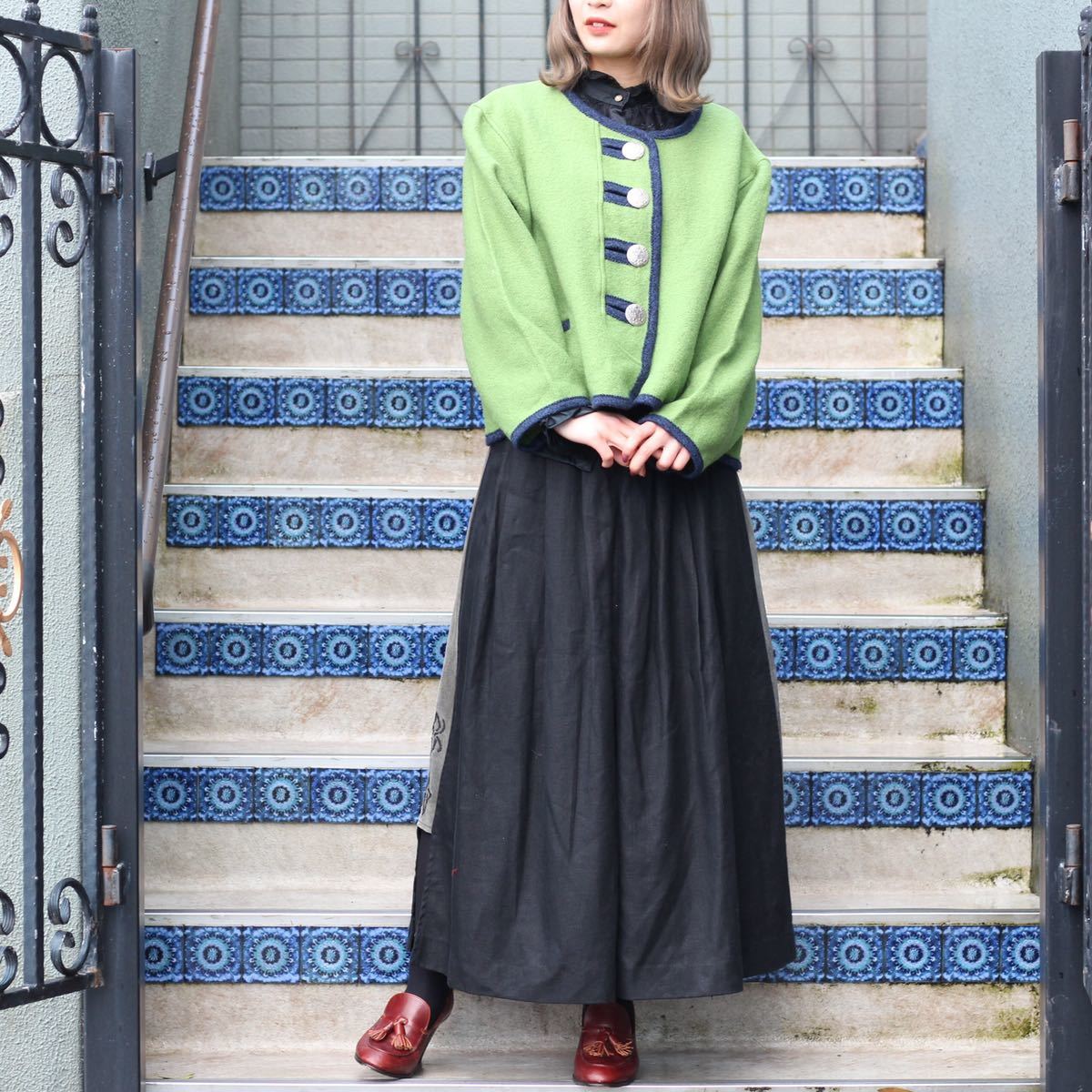 EU VINTAGE DISTLER LINEN LEATHER TYROLIAN LONG SKIRT/ヨーロッパ古着リネンレザーチロリアンロングスカート