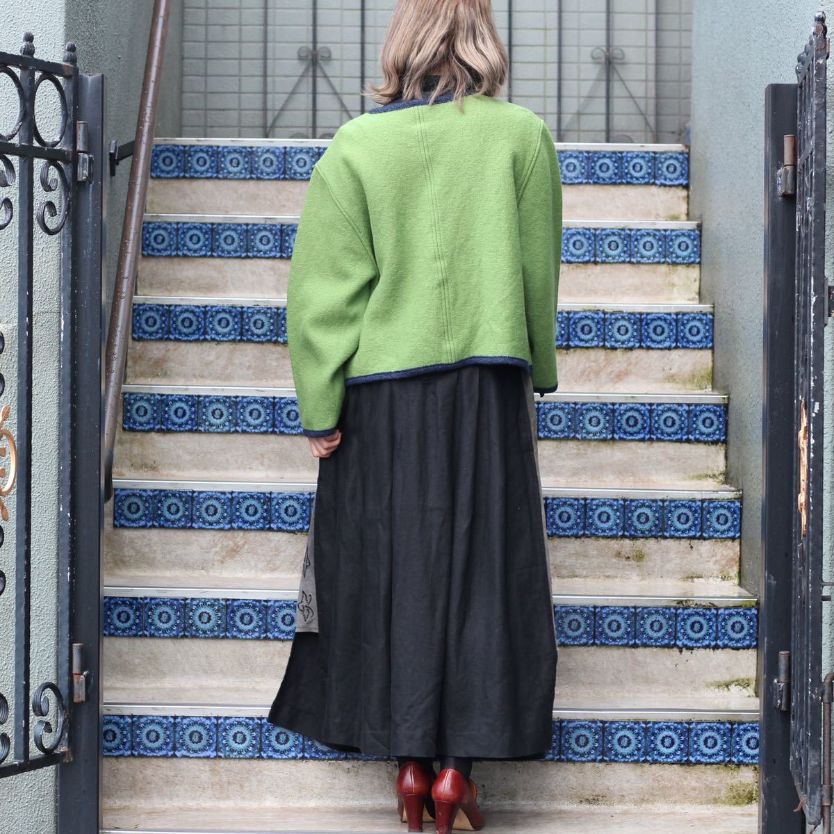 EU VINTAGE DISTLER LINEN LEATHER TYROLIAN LONG SKIRT/ヨーロッパ古着リネンレザーチロリアンロングスカート