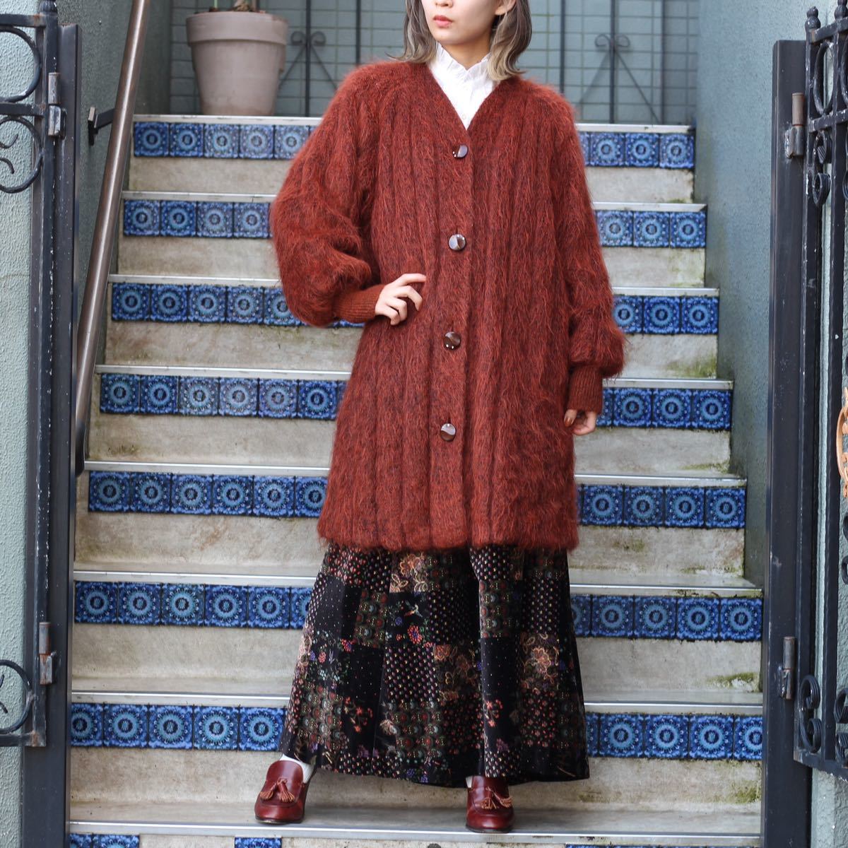 RETRO VINTAGE NO COLLAR DESIGN WOOL COAT/レトロ古着モヘヤ風ノーカラーデザインウールコート_画像1