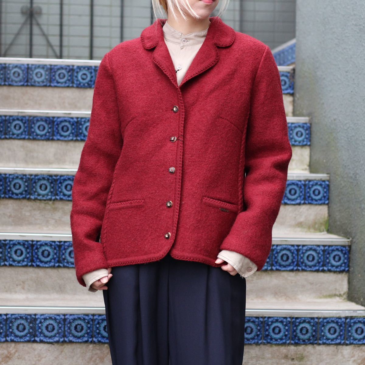 EU VINTAGE GEIGER CABLE STITCH TYROLEAN JACKET MADE IN AUSTRIA/ヨーロッパ古着ケーブル編み装飾チロリアンジャケット
