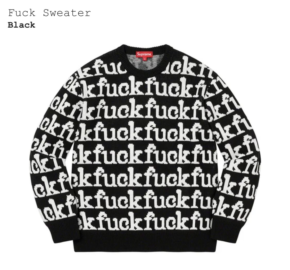 XLサイズ 新品国内正規 22ss Supreme Fuck Sweater Black XLサイズ 新品国内正規 22ss Supreme Fuck Sweater Black