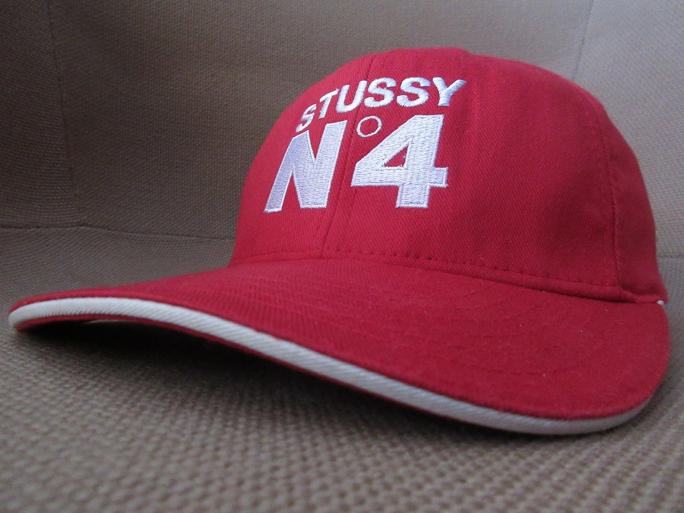 90's STUSSY No4 ロゴ 刺繍 ベースボール キャップ S M レッド系 オールド ステューシー N4 ヴィンテージ CAP 帽子 ハット スケートボード