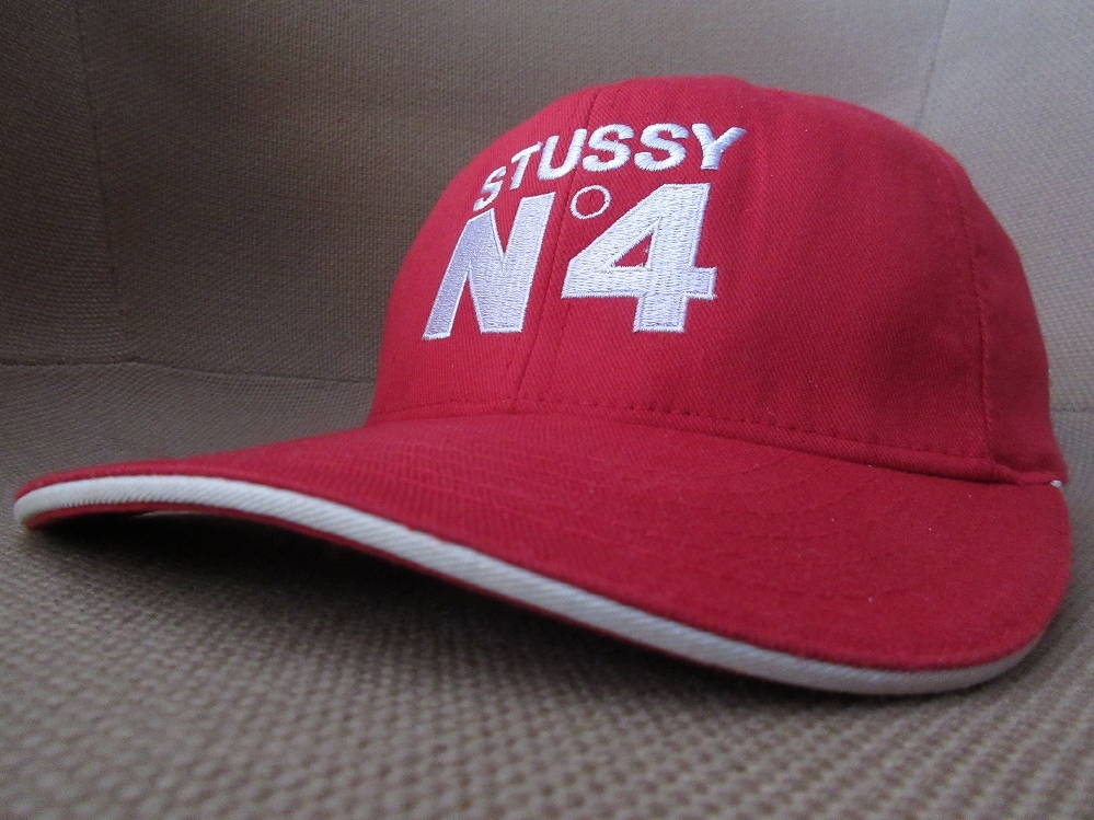 90's STUSSY No4 ロゴ 刺繍 ベースボール キャップ S M レッド系 オールド ステューシー N4 ヴィンテージ CAP 帽子 ハット スケートボード_STUSSY　No4ロゴ刺繍・キャップ