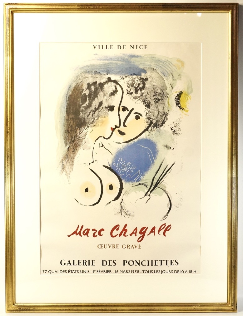 マルク・シャガール 「パレットを手にした画家」 リトグラフポスター 15号 幅70cm×高さ93cm 1958年フランス・ニースで行われた展覧会 YKT