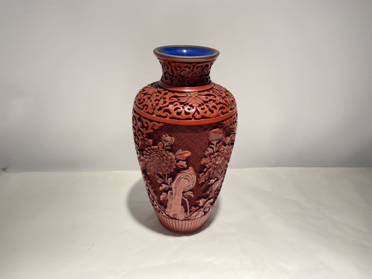 J1191 銅胎 剔紅 花卉 花紋 花瓶 銅地 堆朱 時代物 漆雕 花器 花入