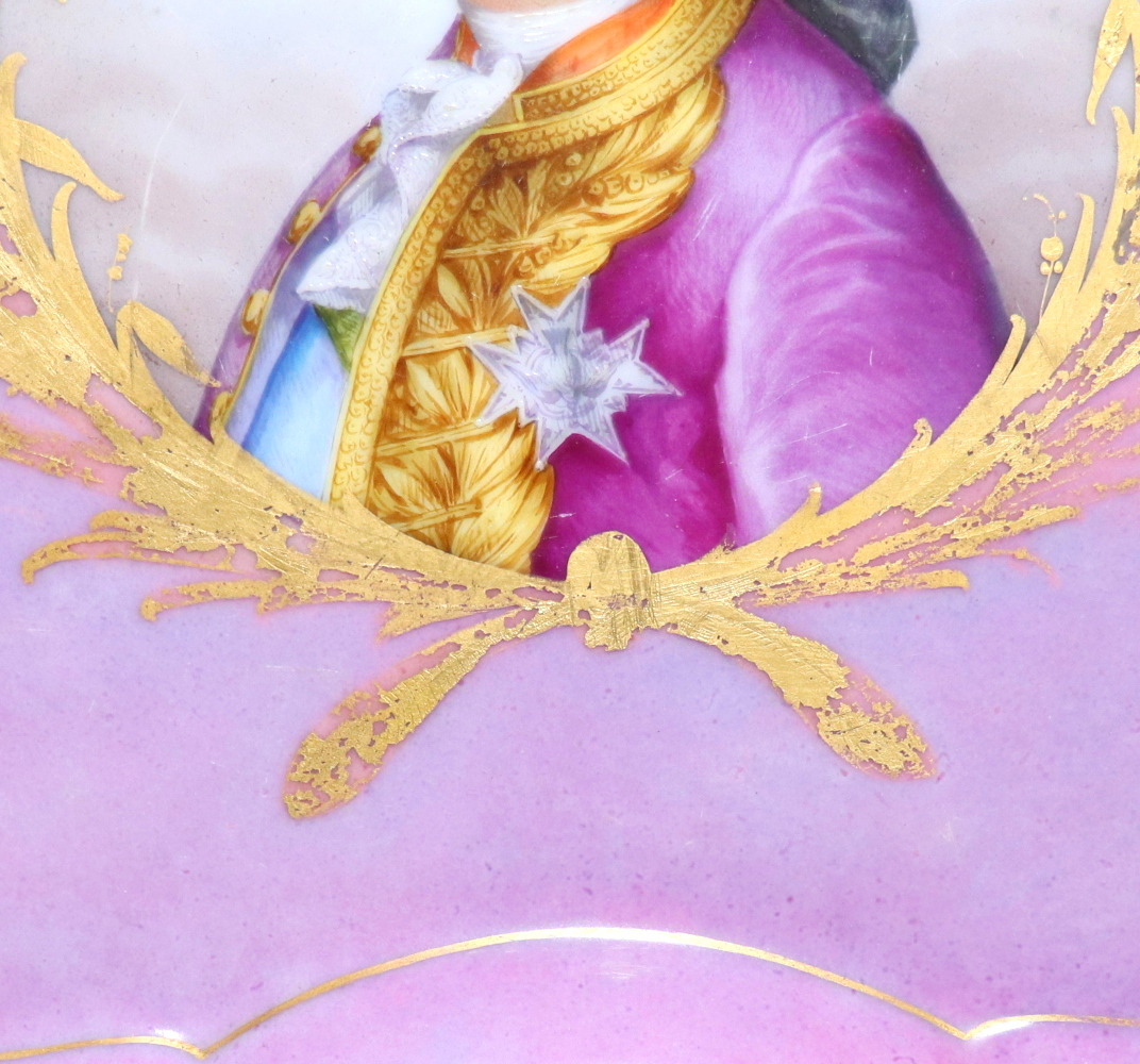 アンティーク・セーブル (SEVRES) 1764年頃 金彩 大型 飾り皿 ルイ16世 陶板画 トレー ポンパドール ピンク ゴールド プレート カップ_画像3