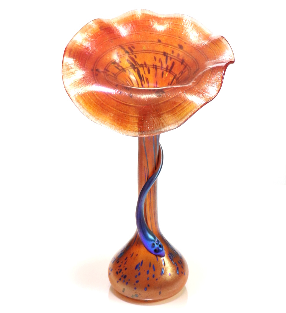 アンティーク・ボヘミアガラス 1900年 虹彩装飾 吹きガラス花瓶 ラスター彩 コバルト・パピヨンと蛇装飾 ティファニー ファブリル レッツ