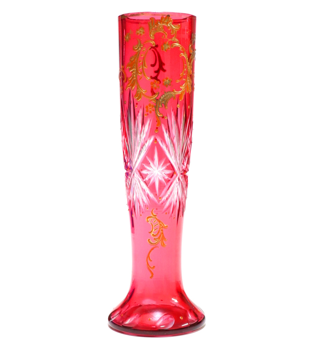 オールド・バカラ(BACCARAT) 1900年頃 金彩 エナメル 赤硝子 花瓶 カット装飾 レッド ゴールド 壺 花器 インテリア オブジェ アンティーク