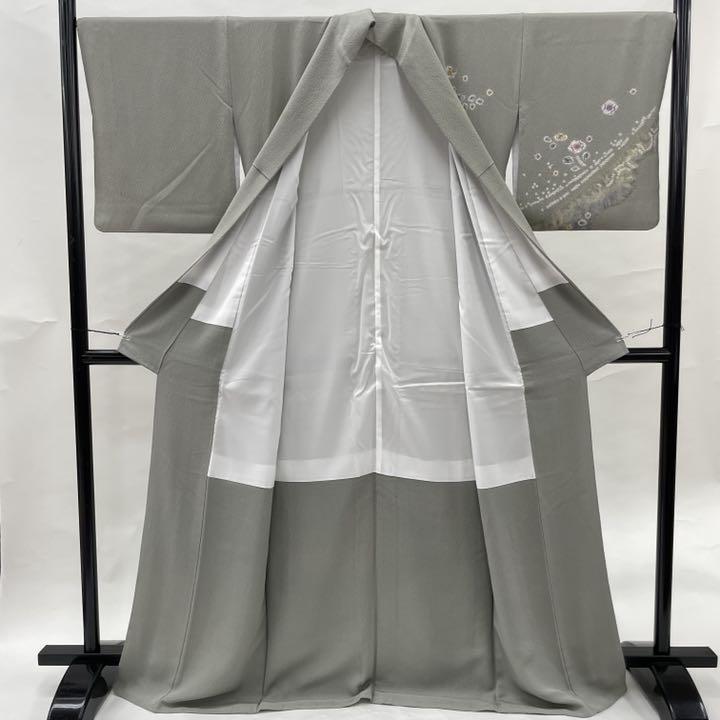 376 着物 訪問着 正絹 緑 付下げ 辻ヶ花 縮緬 緑 絞り 上品 グレー 花