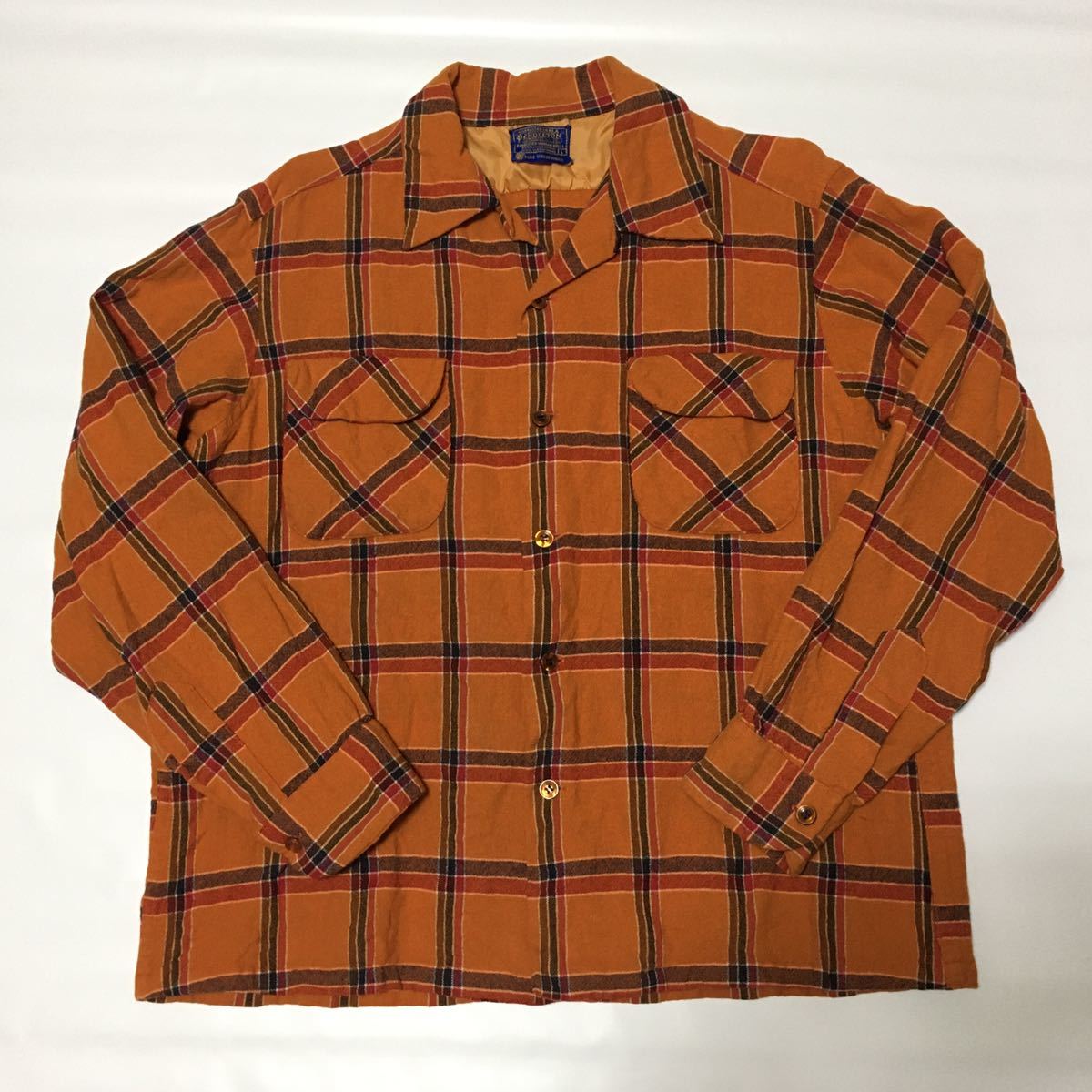良色 60s ビンテージ USA製 PENDLETON ペンドルトン ウールシャツ Lサイズ 開襟 オープンカラー ボックスタイプ オレンジ チェック 