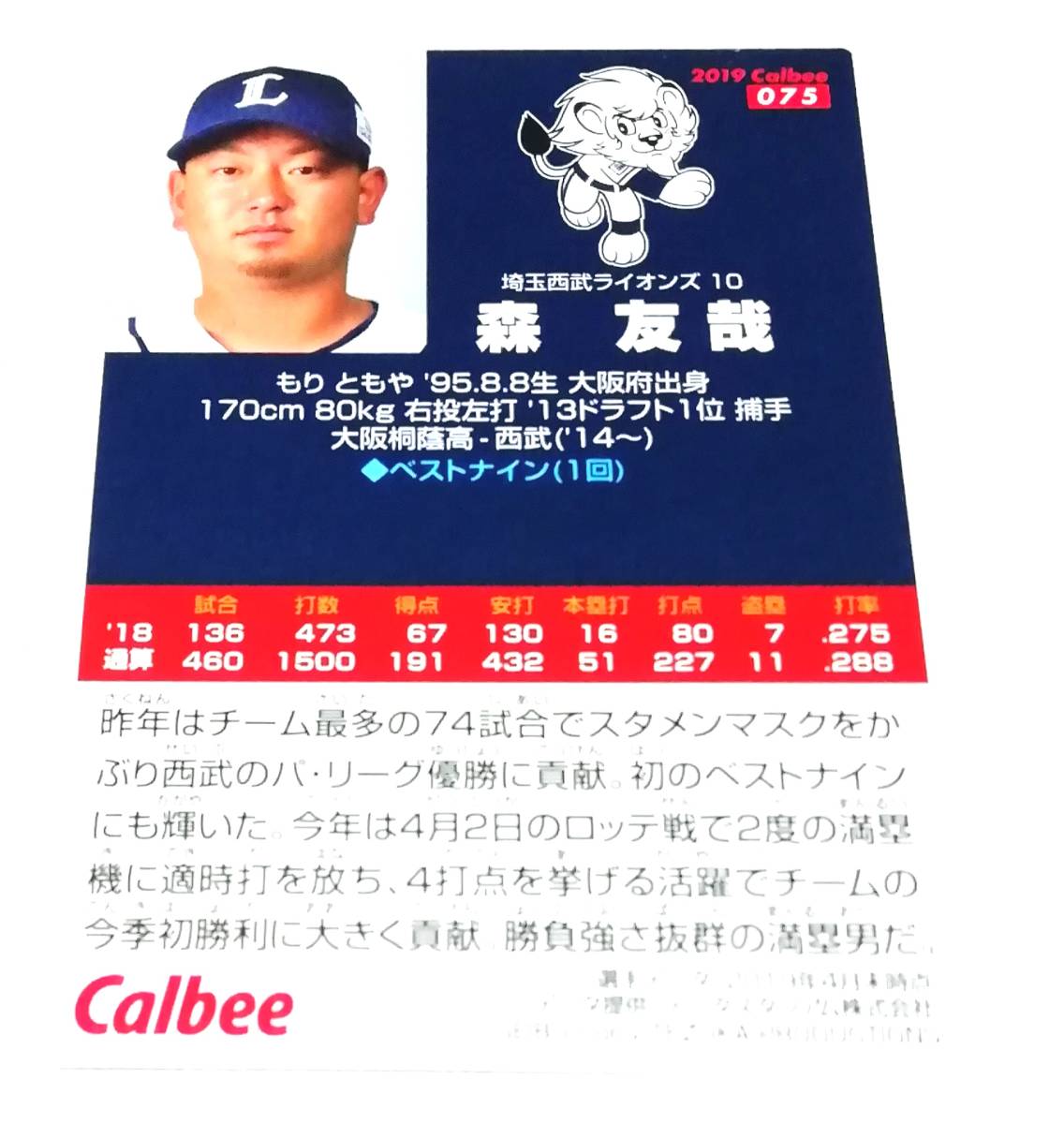 2019 第2弾 森友哉 西武ライオンズ レギュラーカード 【075】 ★ カルビープロ野球チップスの画像2