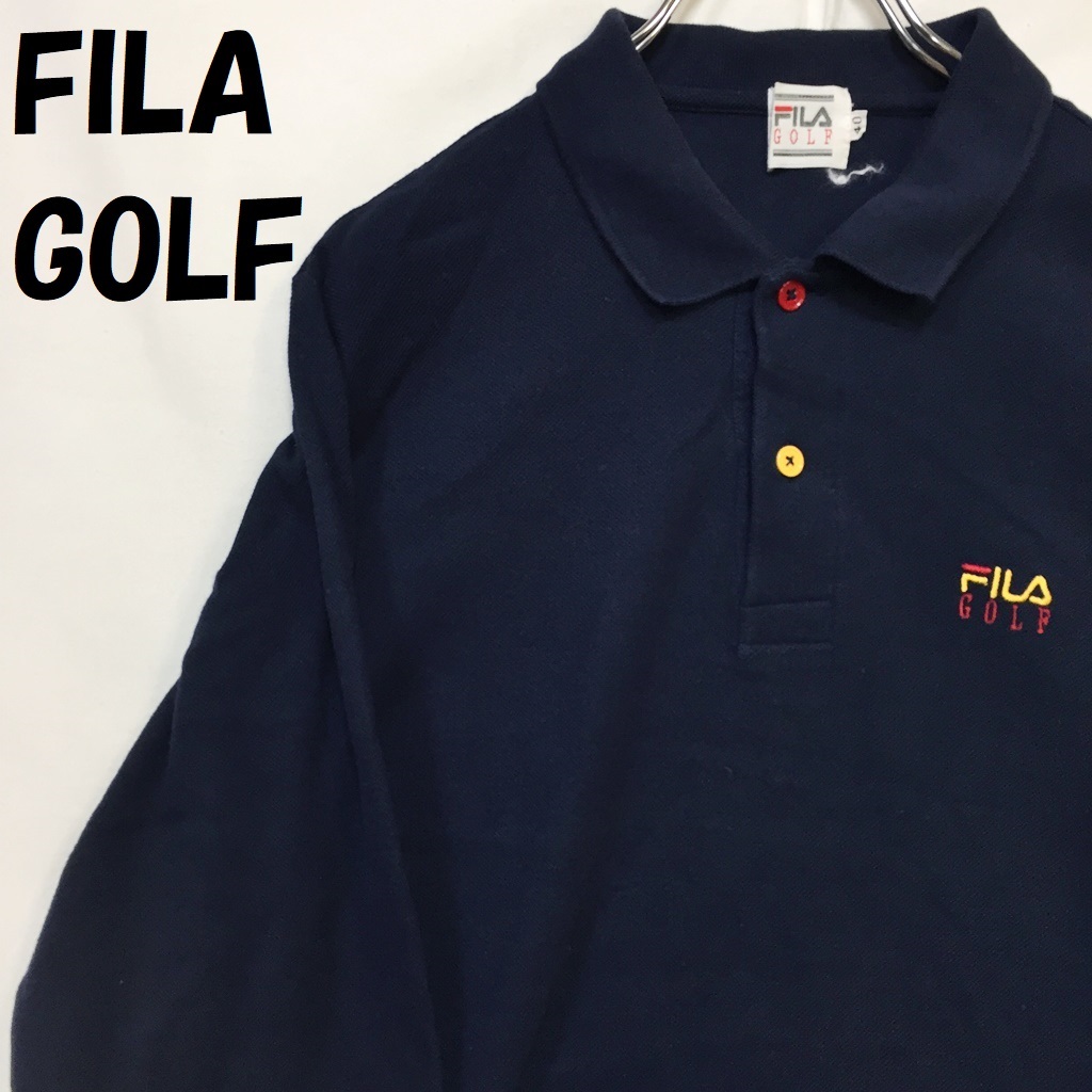 【人気】FILA GOLF/フィラゴルフ 長袖ポロシャツ ロゴ コットン100％ ネイビー 紺 サイズ40/S3579_画像1