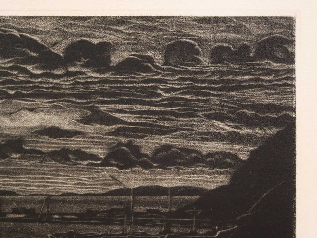 真作保証 吉田勝彦 1979年個展 銅版画「isla de plata 海景」画 29cm×9.5cm 東京都出身  極繊細な線によって繰り広げられる静識な世界 5577