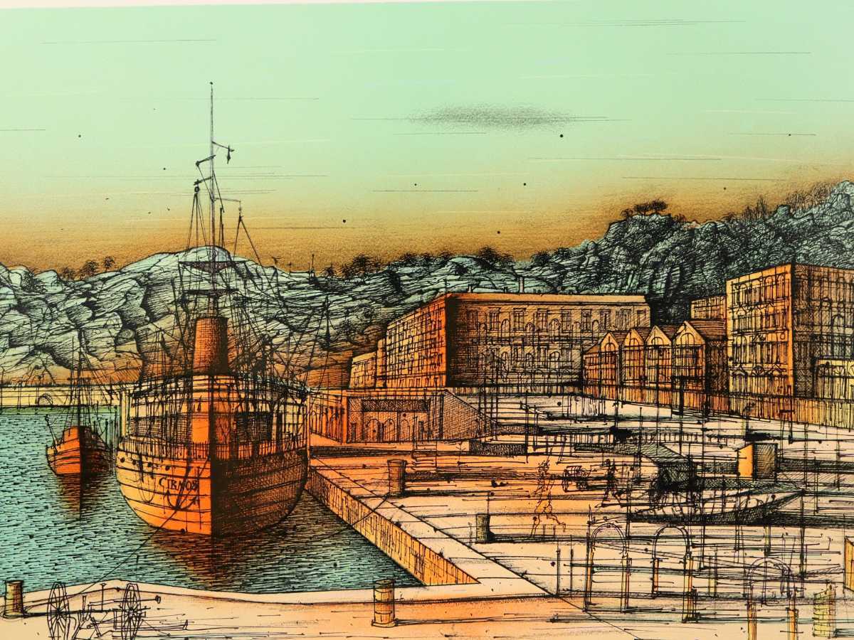 真作保証 ジャン・カルズー 大判リトグラフ「escale Nice」画65×45cm シリア人作家 針金様のシャープな線 黄昏時のニースの船着場 5602 3