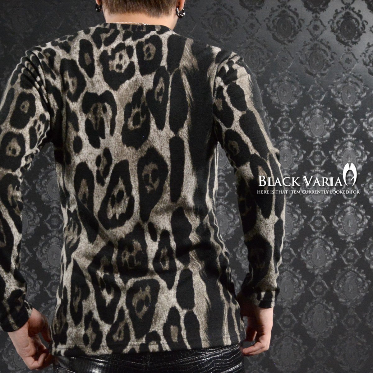 163913-gy BlackVaria Tシャツ Vネック ヒョウ柄 豹柄 メンズ 日本製 細身 ニット 長袖Tシャツ(グレー灰ブラック黒) L アニマル柄_画像5