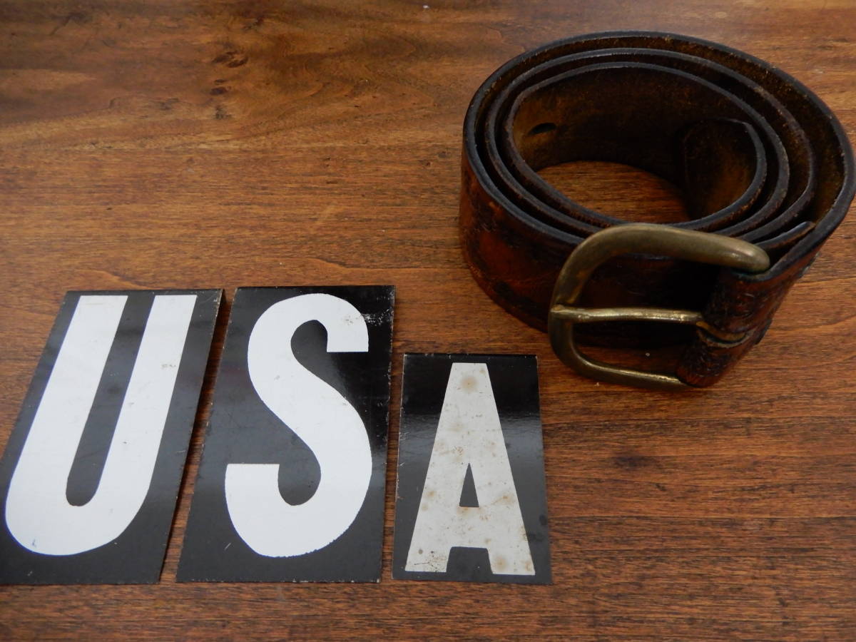 状態良好！７０ｓビンテージ型押しレザーベルト真鍮バックルブラスＵＳＡ製アメリカ米国オールド古着８０年代７０年代ヴィンテージ