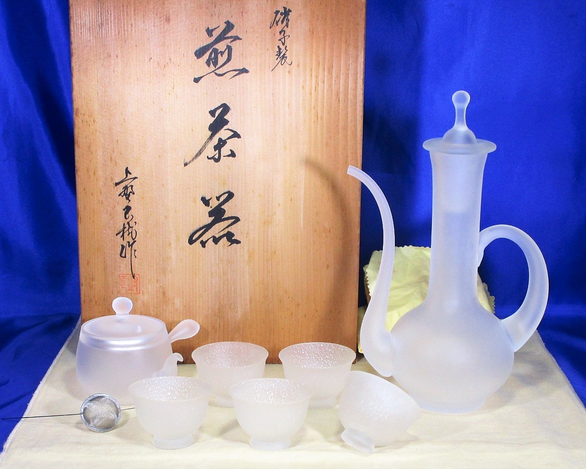 P割引♢煎茶道具♢上野良樹 急須 硝子製 ガラス製 金彩硝子 ウコン布