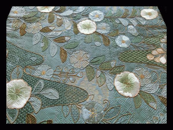 正規激安 逸品 正絹 作家物 花緑青色地刺繍花文様袋帯 白薄緑鶯色水色ベージュ金 仕立て上がり Stonenet Hu