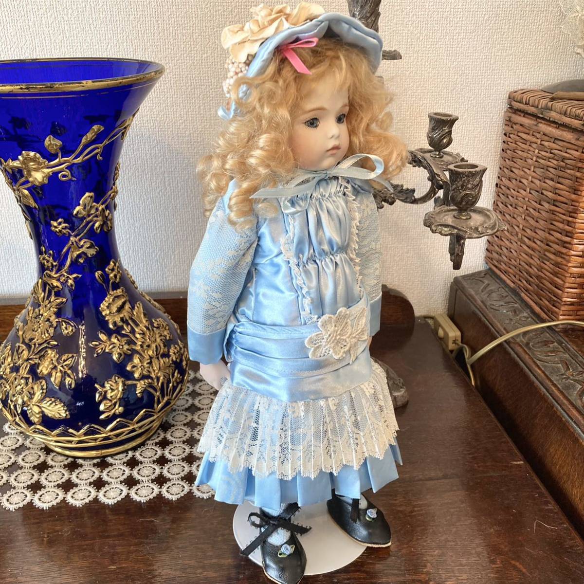 美品 セシルさん ブリュ・ジュン リプロ ビスクドール ドレス フランス人形 作家作品 ハンドメイド ボネ 37cm オートクチュール
