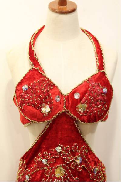 SALE！ 新品 ベリーダンス 衣装 赤 ベルベット トルコ製 スパンコール ハンドメイド ◇ 送料無料