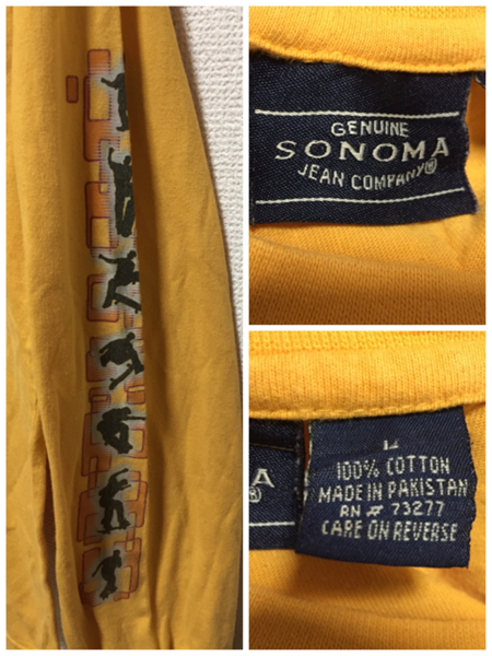 USA古着 スケートTシャツ 袖プリ 長袖Tシャツ 'GENUINE SONOMA JEAN COMPANY' 黄色 SKATE SESSIONS Lサイズ_画像3