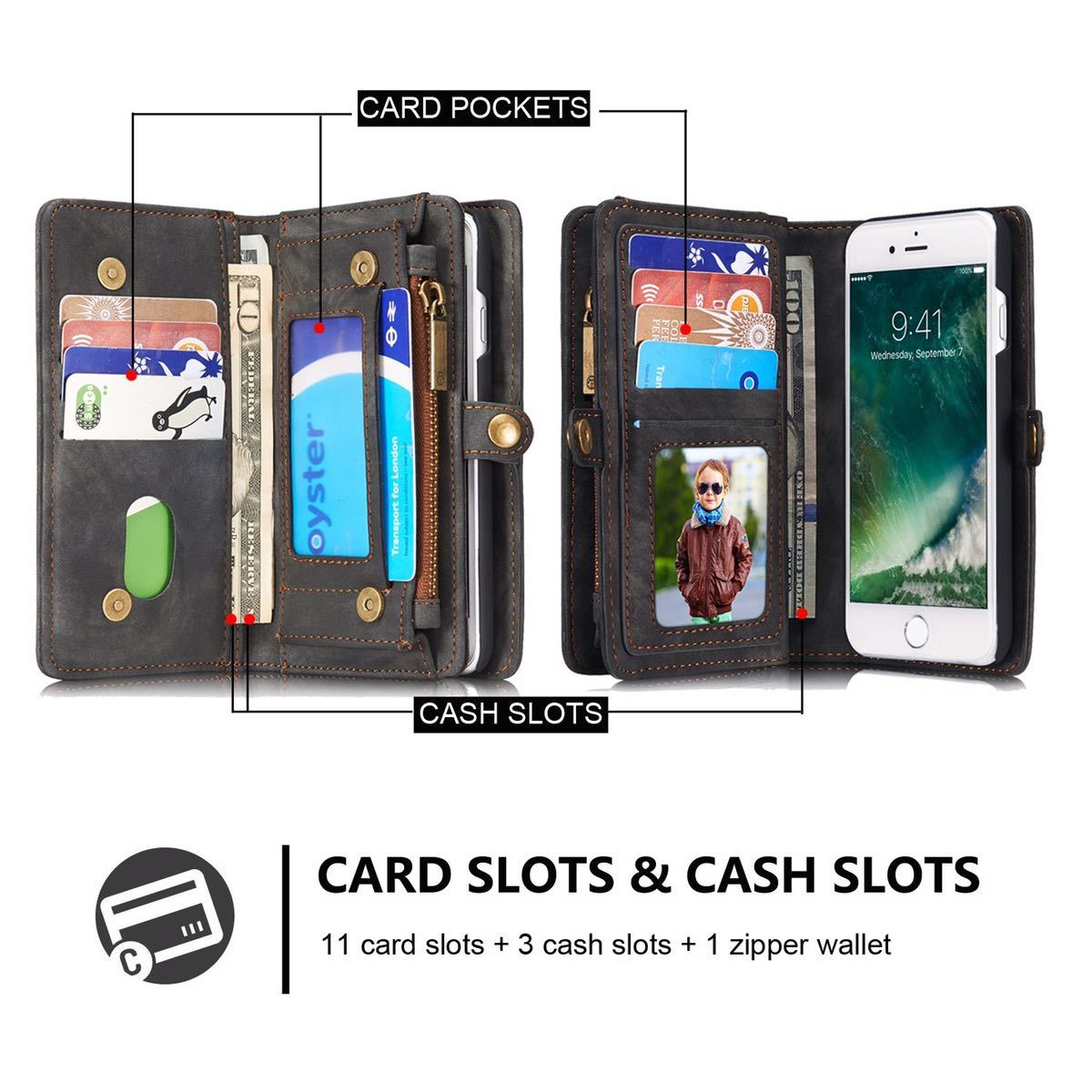 iPhone SE2 レザーケース アイフォン7 レザーケース iPhone7/8 カバー　手帳型 カード収納 ファスナー付き　財布型　お財布付き　black